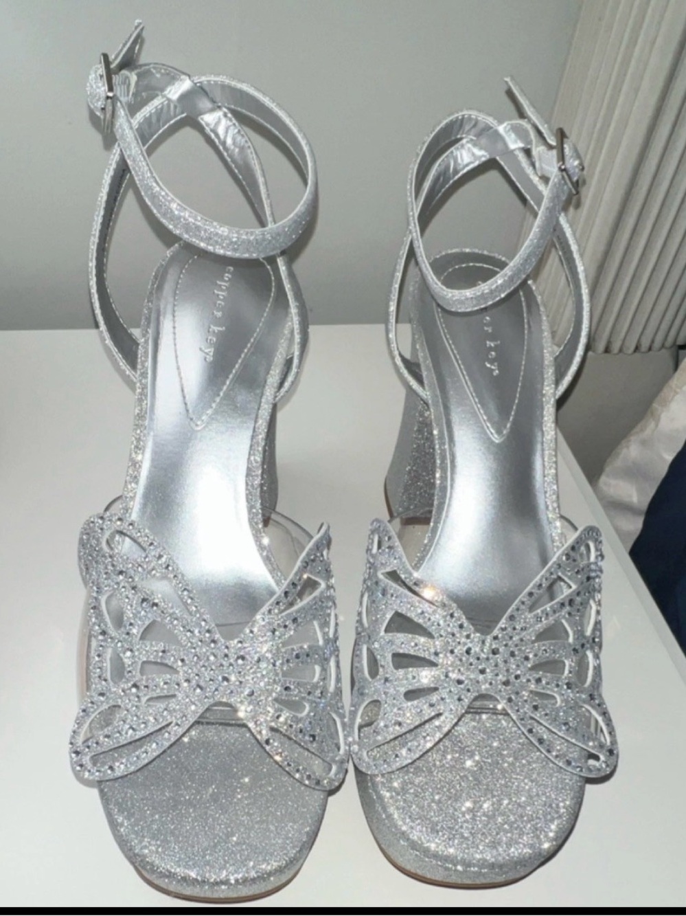 Copper Key Silver Glitter Butterfly Ankle-Strap Heels